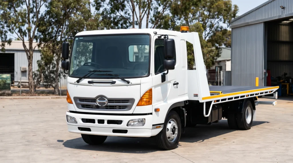 Illustrative white Hino tilt-tray tow truck